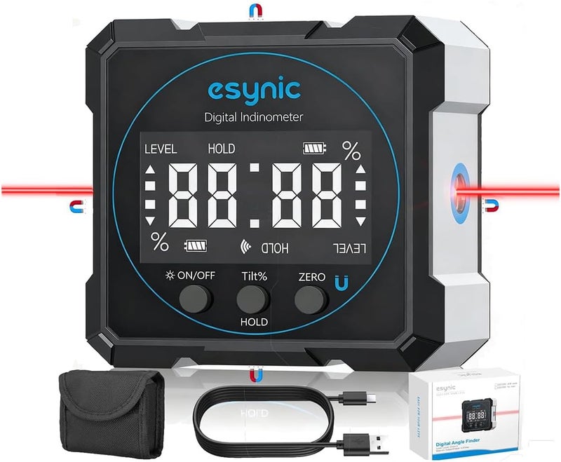 eSynic Digital Angle Finder with Laser USB-C Rechargeable Digital Inclinometer Level IP54 Waterpoof 4 Sides Magnetic Angle Gauge-Auto Off Backlight LCD Display for Construction (Laser Level: Class II) - Image 1